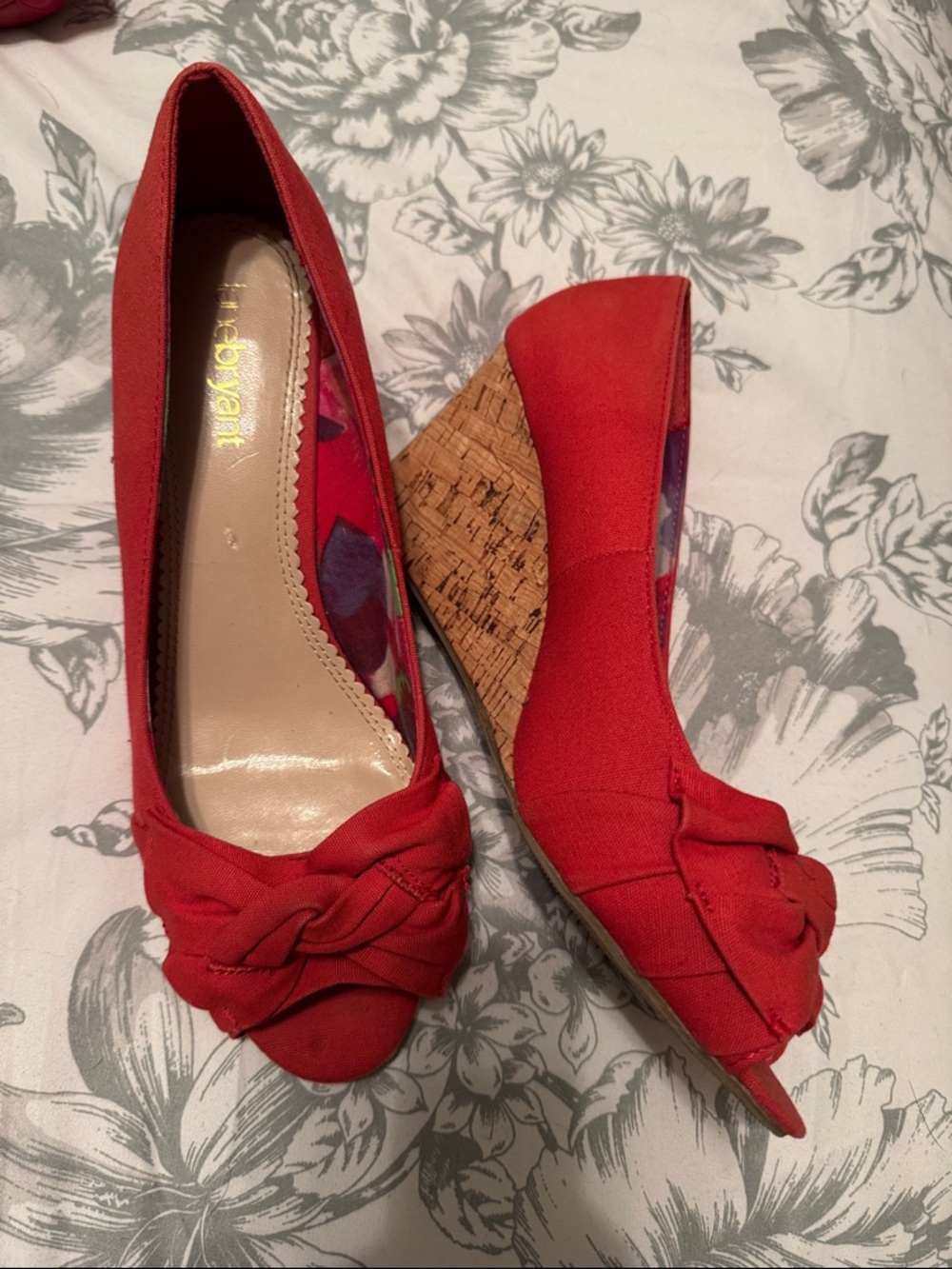 Lane Bryant Coral-Red Knotted Peep-Toe Cork Wedges